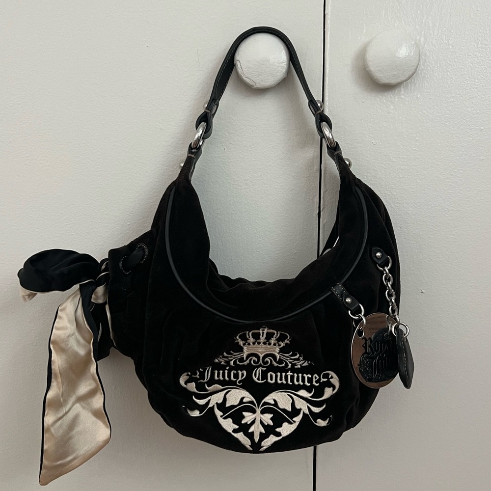 Juicy Couture Black and Cream Velour Shoulder Bag with Bow